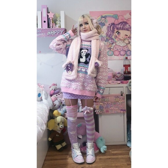 Vintage Panda Sweater Fairy Kei 80s Pastel Heart Kawaii Harajuku